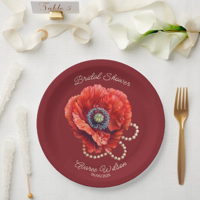 Merlot Red with Giant  Red Poppy Bridal Shower Paper Plates (Wedding)