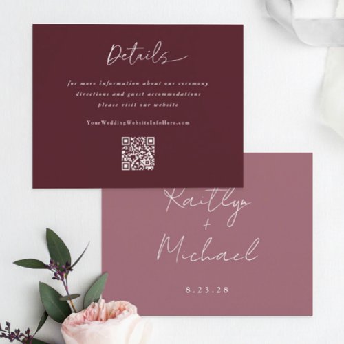 Merlot Wedding Modern Handwriting Details QR Code Enclosure Card