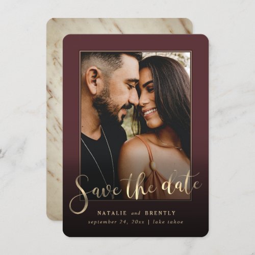 Merlot Wine Red Gold Script  Marble Photo Overlay Save The Date