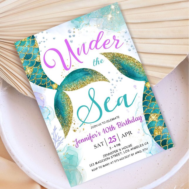 Mermaid 10th Birthday Girl Pink Teal Under the Sea Invitation (Creator Uploaded)