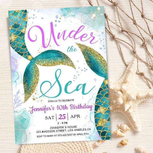 Mermaid 10th Birthday  Purple Teal Under the Sea Invitation (Creator Uploaded)