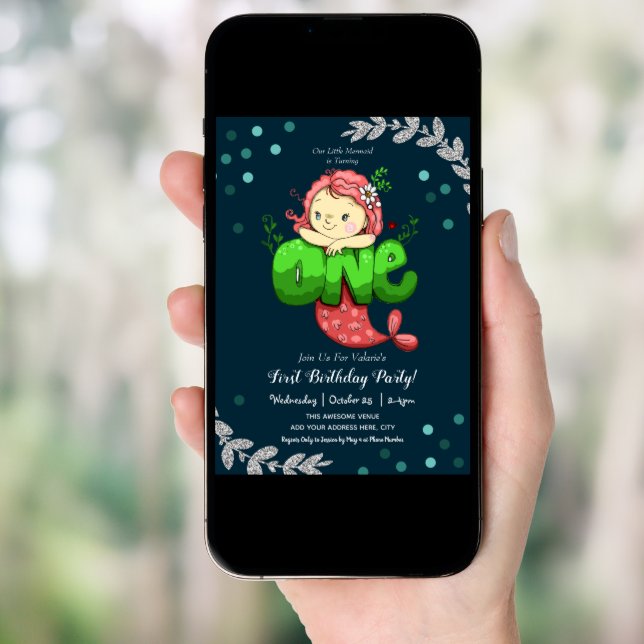 Mermaid 1st Birthday Cute Pink Invitation (Front Digital)