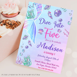 Mermaid 1st Birthday Dive The Five Party  Invitation