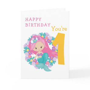 Mermaid 1st birthday flowers card