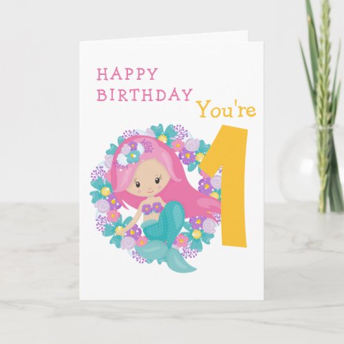 Mermaid 1st birthday flowers card