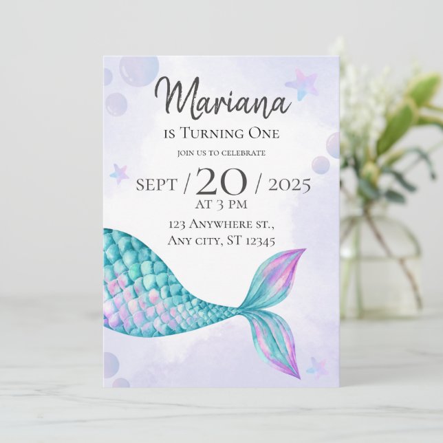 mermaid 1st birthday invitations girl (Standing Front)