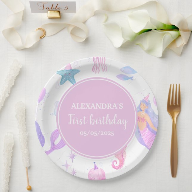 Mermaid 1st Birthday Ocean & Sea Life Party Paper Plates (Wedding)