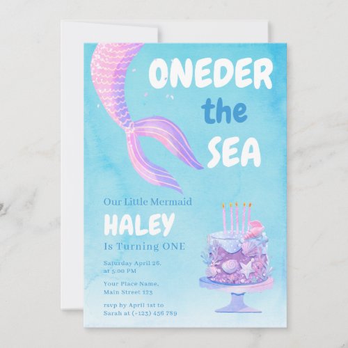 Mermaid 1st Birthday ONEder the sea Blue Budget Invitation