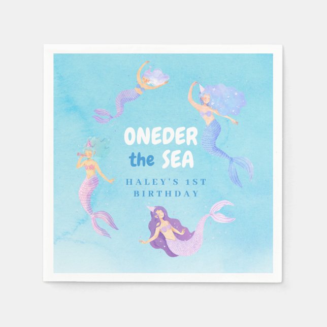 Mermaid 1st Birthday ONEder the sea Blue Budget Napkins (Front)