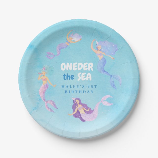 Mermaid 1st Birthday ONEder the sea Blue Budget Paper Plates (Front)
