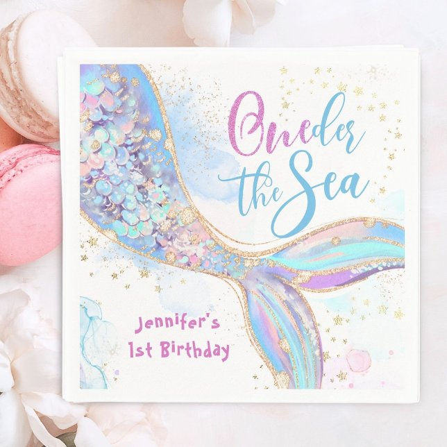 Mermaid 1st Birthday Oneder The Sea Blue Napkins (Creator Uploaded)