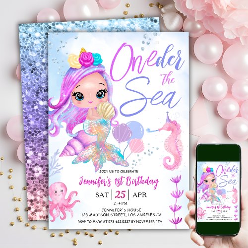Mermaid 1st Birthday ONEder the Sea Mermaid  Invitation