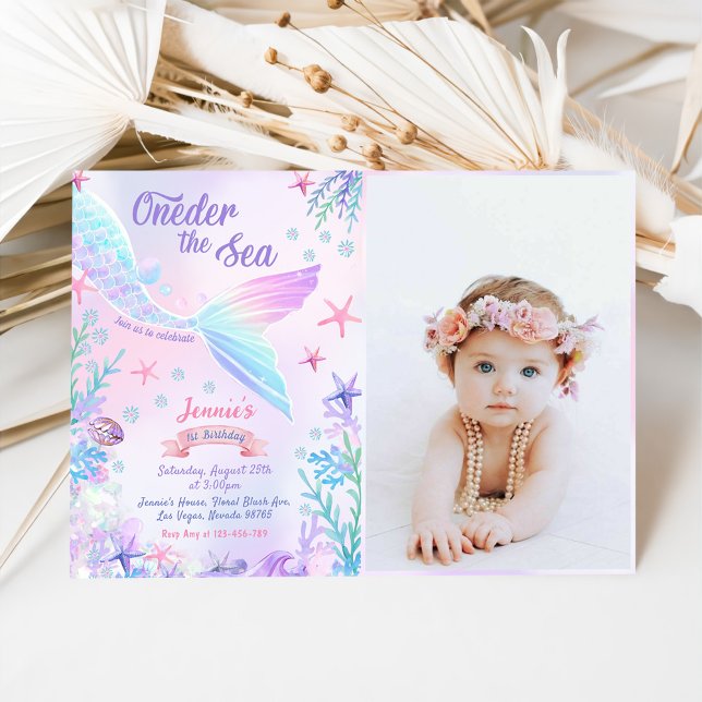 Mermaid 1st Birthday Oneder The Sea Party Photo Invitation (Creator Uploaded)