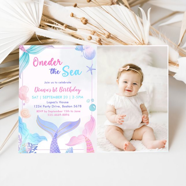 Mermaid 1st Birthday Oneder The Sea Party Photo Invitation (Creator Uploaded)