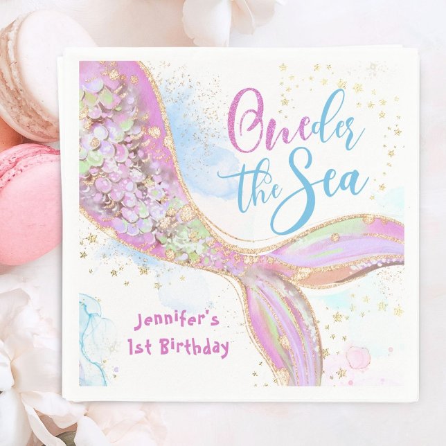 Mermaid 1st Birthday Oneder The Sea Pink Napkins (Creator Uploaded)