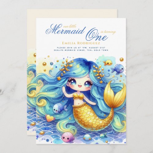 Mermaid 1st Birthday or EDIT AGE Teal GoldBeautifu Invitation