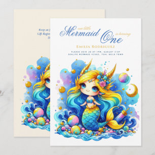 Mermaid 1st Birthday or EDIT AGE Teal GoldBeautifu Invitation