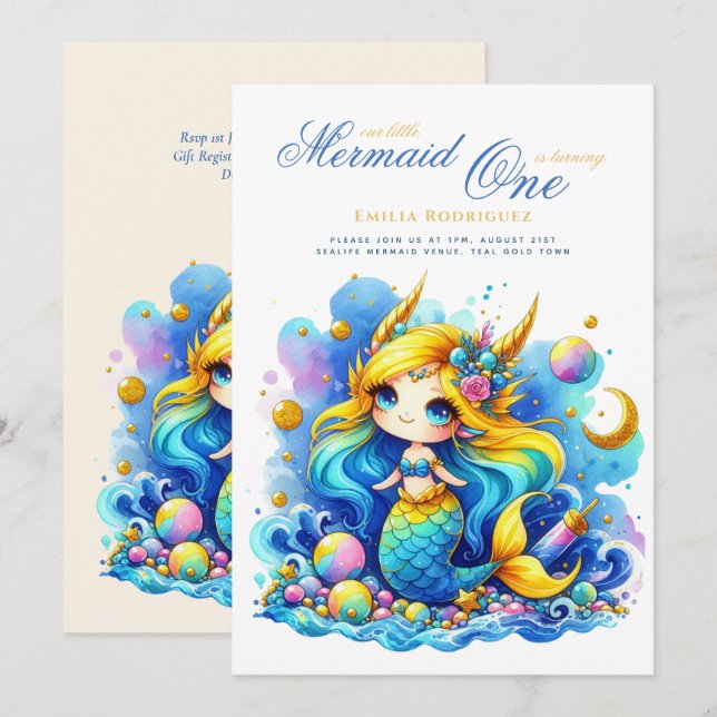 Mermaid 1st Birthday or EDIT AGE Teal GoldBeautifu Invitation (Front/Back)