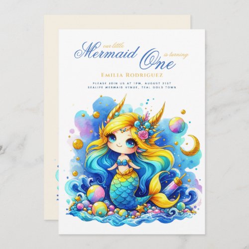 Mermaid 1st Birthday or EDIT AGE Teal GoldBeautifu Invitation