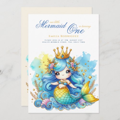 Mermaid 1st Birthday or EDIT AGE Teal GoldBeautifu Invitation