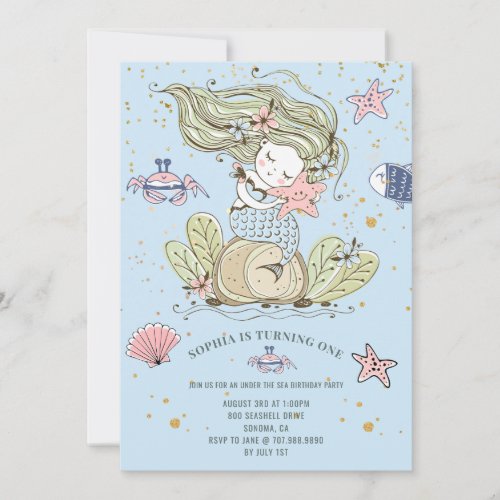 Mermaid 1st Birthday Party Blue Invitation