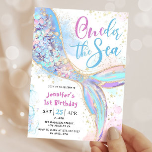 Mermaid 1st Birthday Party Blue Oneder The Sea Invitation