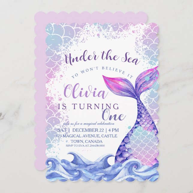 Mermaid 1st Birthday Party Cute Pink Blue Sea  Invitation (Front/Back)