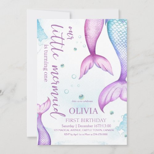 Mermaid 1st Birthday Party Girls Little Mermaid  Invitation