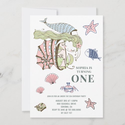 Mermaid 1st Birthday Party Invitation