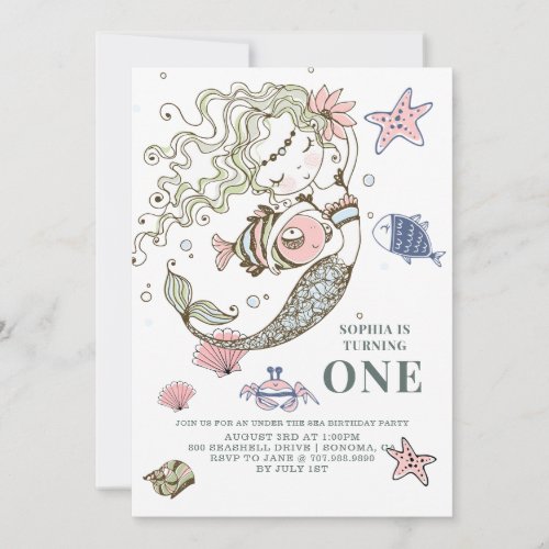 Mermaid 1st Birthday Party Invitation