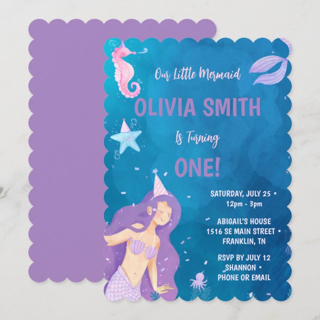 Mermaid 1st Birthday Party  Invitation (Front/Back)