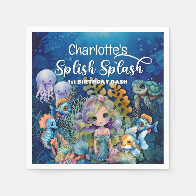 Mermaid 1st Birthday Party Napkins (Front)