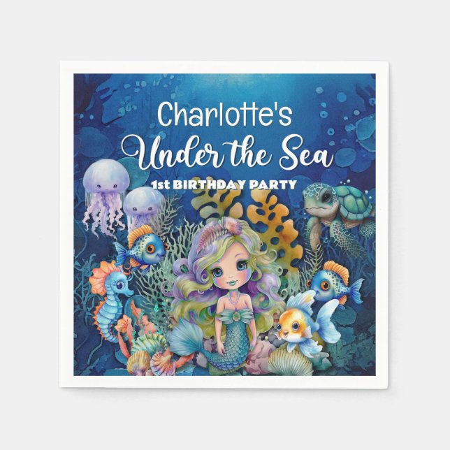 Mermaid 1st Birthday Party Napkins (Front)