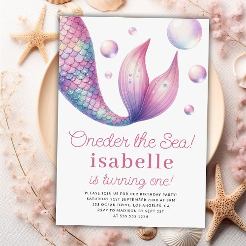 Mermaid 1st Birthday Party Oneder The Sea Girl  Invitation