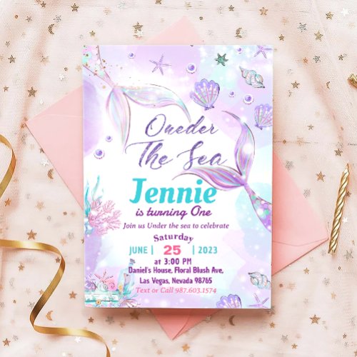 Mermaid 1st Birthday Party ONEder The Sea Invitation