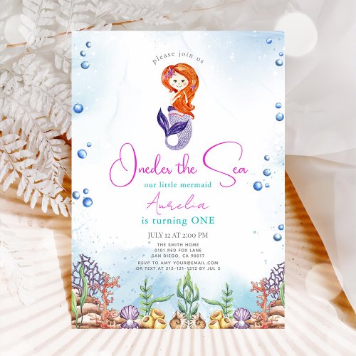 Mermaid 1st Birthday Party Oneder The Sea  Invitation