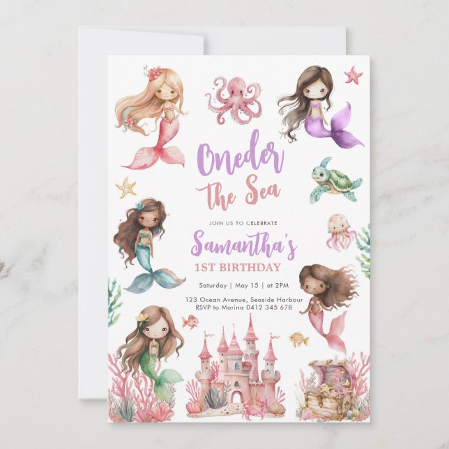 Mermaid 1st Birthday Party ONEder The Sea Mermaid  Invitation (Front)