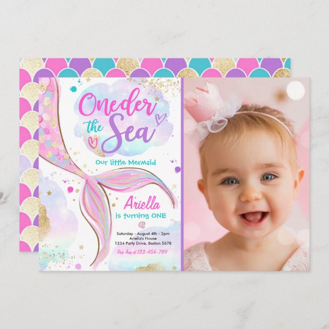 Mermaid 1st Birthday Party ONEder The Sea Mermaid Invitation (Front/Back)