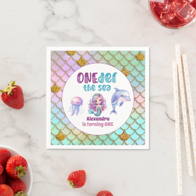 Mermaid 1st Birthday Party ONEder The Sea Mermaid Napkins (Insitu)