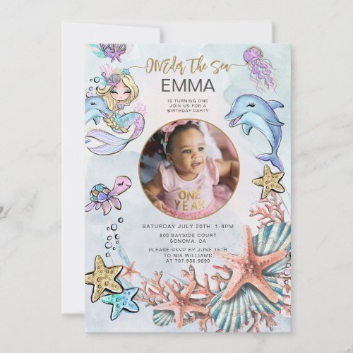 Mermaid 1st Birthday Party Photo ONEder The Sea  Invitation