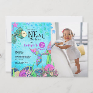 Mermaid 1st Birthday Photo Invitation
