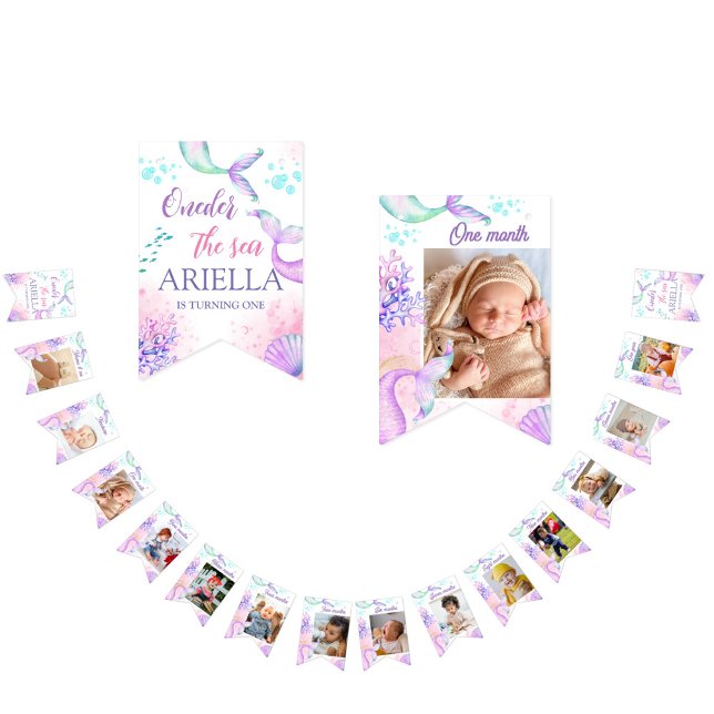 Mermaid 1st Birthday Photo Milestone Pink Bunting Flags (Creator Uploaded)