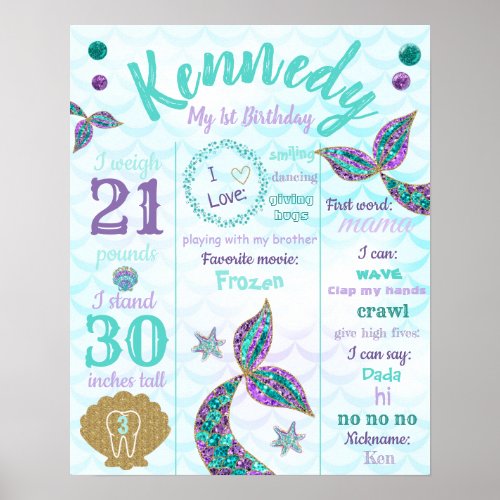 Mermaid 1st birthday Poster Milestone Sign