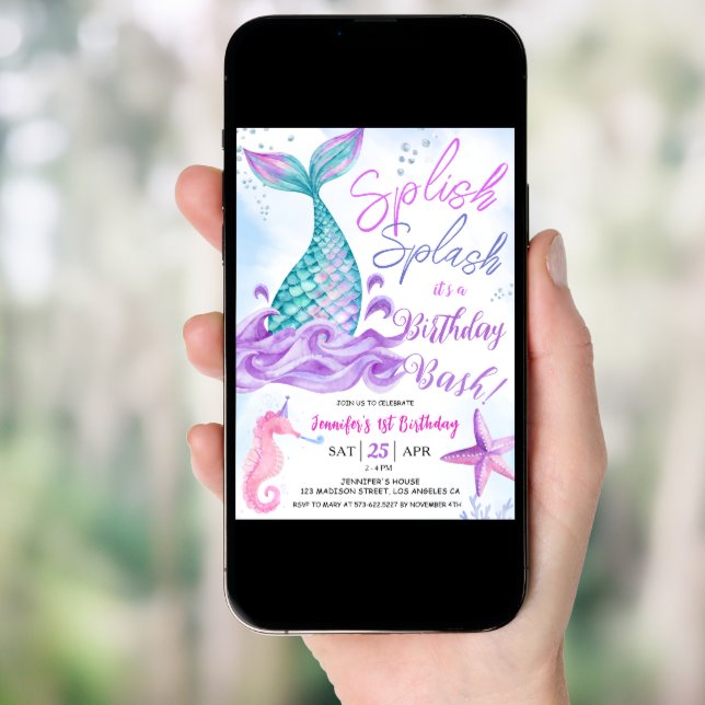 Mermaid 1st birthday "Splish Splash" Pink Purple Invitation (Front Digital)