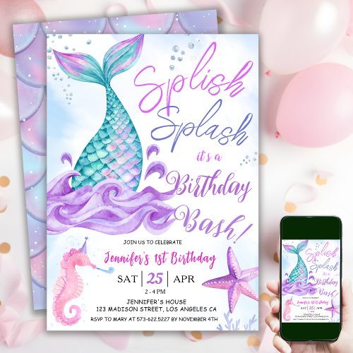 Mermaid 1st birthday Splish Splash Pink Purple Invitation