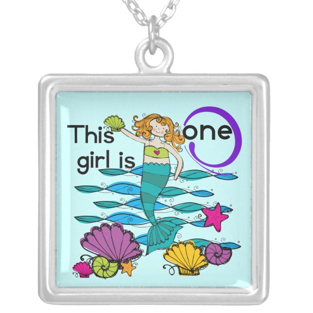 Mermaid 1st Birthday Tshirts and Gifts Silver Plated Necklace (Front)