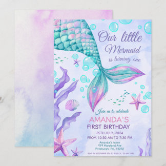 Mermaid 1st Birthday Under The Sea Mermaid Party Invitation