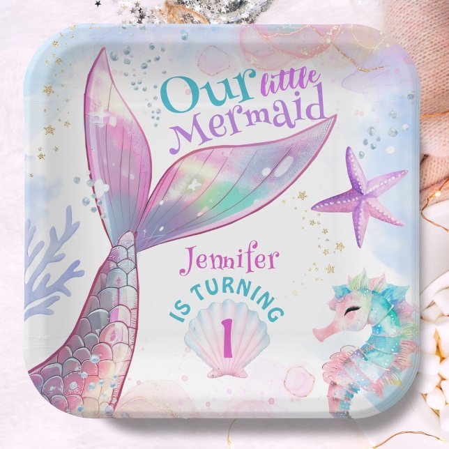 Mermaid 1st Birthday Under The Sea Pink Mermaid Paper Plates (Creator Uploaded)