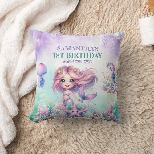 Mermaid 1st birthday Under the Sea purple Throw Pillow