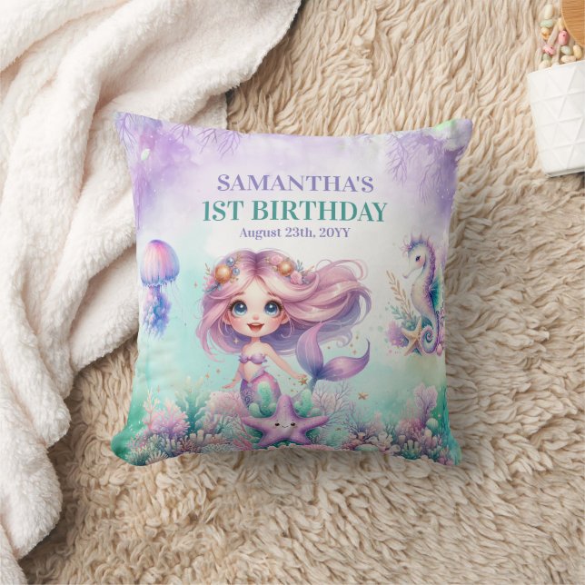 Mermaid 1st birthday Under the Sea purple Throw Pillow (Blanket)